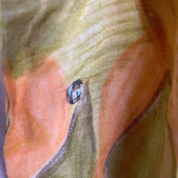 1950s short sleeve belted waist hidden button front orange brown pattern dress - Picture 3 of 16